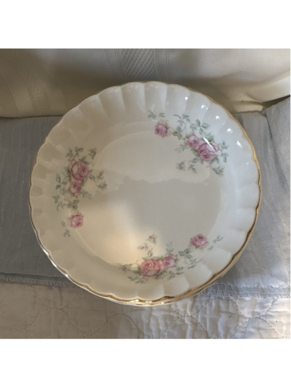 White Round 3 Floral shallow bowls Pink Roses Green Leaves Gold Trim Scalloped